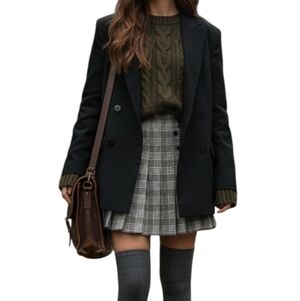 Vintage Houndstooth Plaid Kilt Skirt High Waist Pleated Button Side Academia